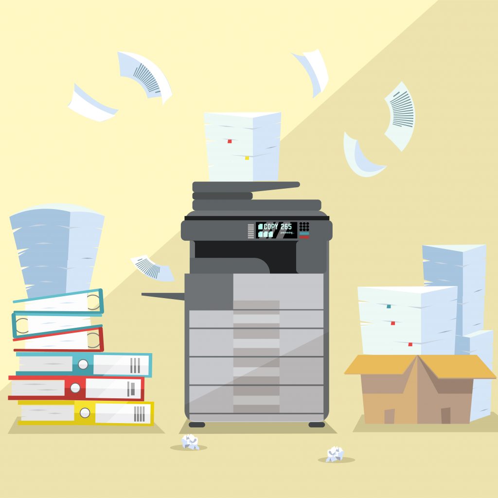 Professional office dark gray copier, multifunction scanner printer printing paper documents with pile of documents, stack of papers in cardboard boxes. Flat cartoon vector illustration